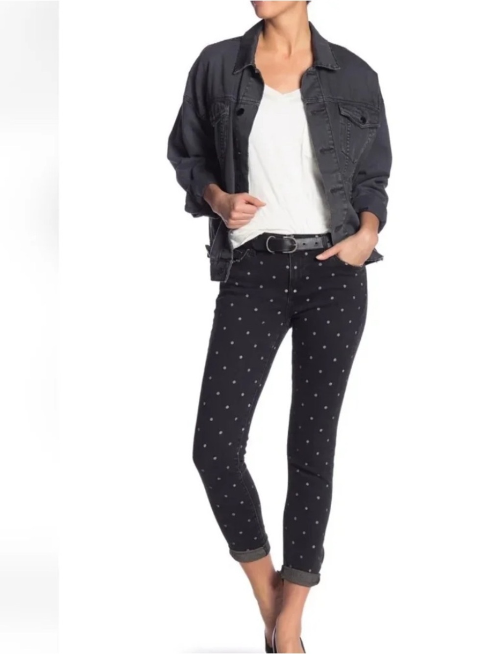 Current/Elliott Easy Stiletto Curled Hem  Black Polka Dot Cropped Skinny Jeans